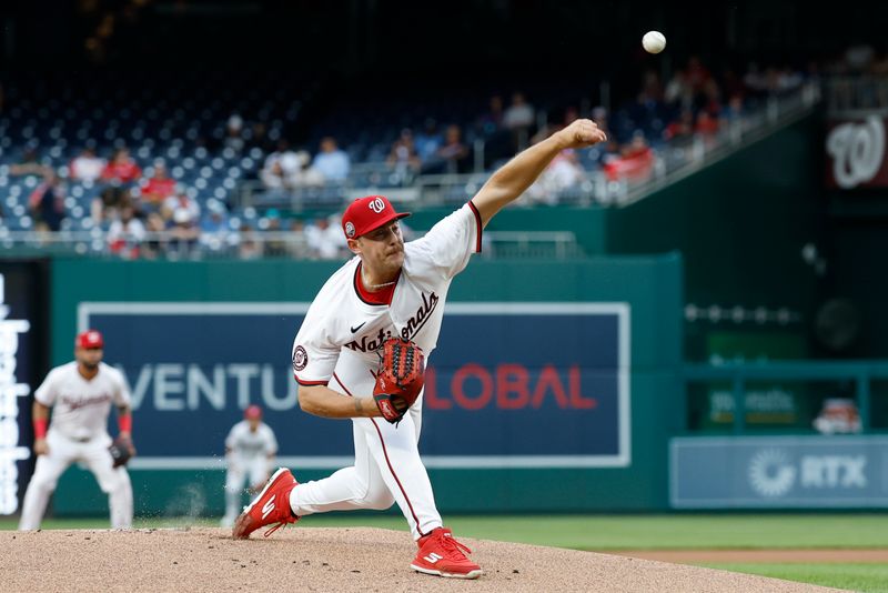 May 20, 2025; Washington, District of Columbia, USA; Washington Nationals starting pitcher Mitchell Parker (70) pitches against the Atlanta Braves during the first inning at Nationals Park. Mandatory Credit: Geoff Burke-Imagn Images