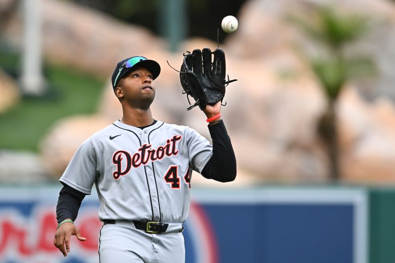 May 4, 2025; Anaheim, California, USA; Detroit Tigers outfielder Justyn-Henry Malloy (44) makes a catch against the Los Angeles Angels during the eighth inning at Angel Stadium. Mandatory Credit: Jonathan Hui-Imagn Images