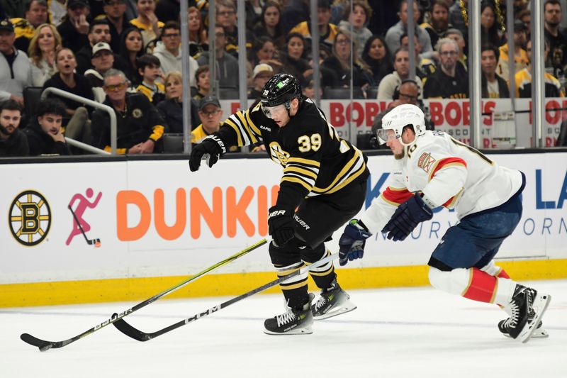 May 17, 2024; Boston, Massachusetts, USA; Boston Bruins center Morgan Geekie (39) pushes the puck ahead of Florida Panthers right wing Vladimir Tarasenko (10) during the first period in game six of the second round of the 2024 Stanley Cup Playoffs at TD Garden. Mandatory Credit: Bob DeChiara-USA TODAY Sports