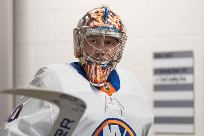 Mar 7, 2024; San Jose, California, USA; New York Islanders goaltender Semyon Varlamov (40) before the start of warmups against the San Jose Sharks at SAP Center at San Jose. Mandatory Credit: Stan Szeto-USA TODAY Sports