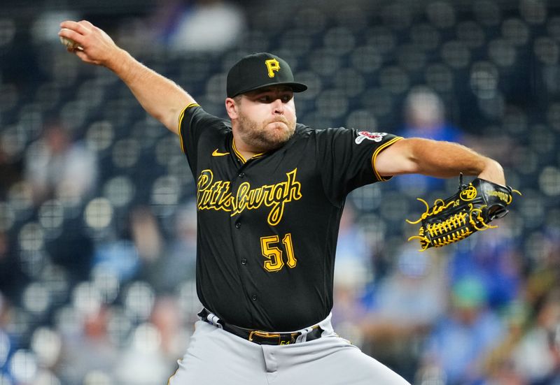 Aug 30, 2023; Kansas City, Missouri, USA; Pittsburgh Pirates relief pitcher David Bednar (51) pitches during the ninth inning against the Kansas City Royals at Kauffman Stadium. Mandatory Credit: Jay Biggerstaff-USA TODAY Sports