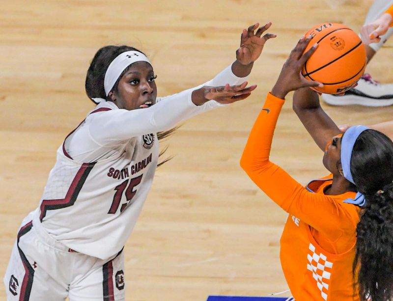 Mar 5, 2023; Greenville, SC, USA; Tennessee forward Rickea Jackson (2) shoots near South Carolina forward Laeticia Amihere (15) during the second quarter of the SEC Women's Basketball Tournament at Bon Secours Wellness Arena. Mandatory Credit: Ken Ruinard-USA TODAY Sports