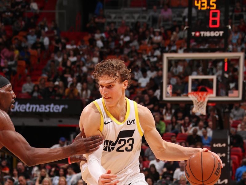 MIAMI, FL - MARCH 2: Lauri Markkanen #23 of the Utah Jazz handles the ball during the game against the Miami Heat on March 2, 2024 at Kaseya Center in Miami, Florida. NOTE TO USER: User expressly acknowledges and agrees that, by downloading and or using this Photograph, user is consenting to the terms and conditions of the Getty Images License Agreement. Mandatory Copyright Notice: Copyright 2024 NBAE (Photo by Issac Baldizon/NBAE via Getty Images)