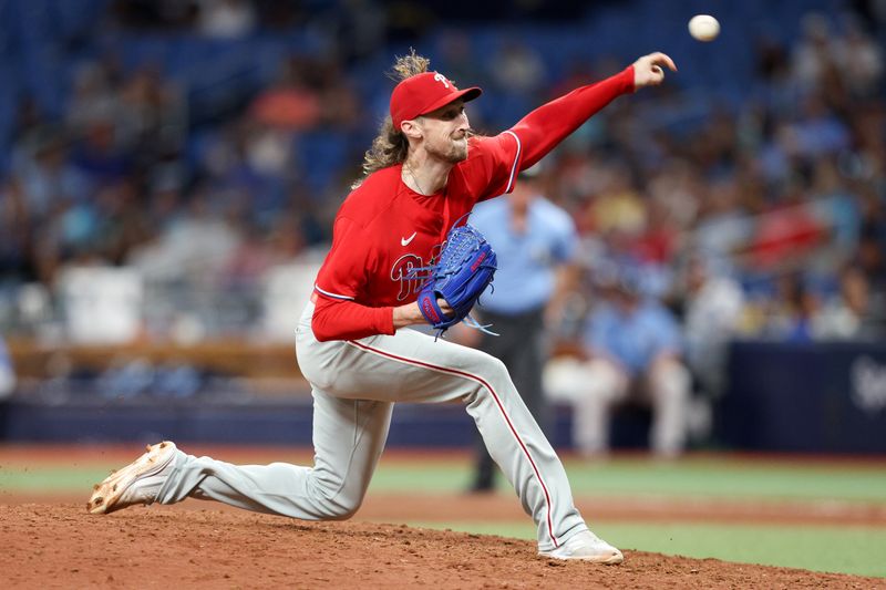 Jul 6, 2023; St. Petersburg, Florida, USA;  Philadelphia Phillies relief pitcher Matt Strahm (25) throws a pitch against the Tampa Bay Rays in the eleventh inning at Tropicana Field. Mandatory Credit: Nathan Ray Seebeck-USA TODAY Sports