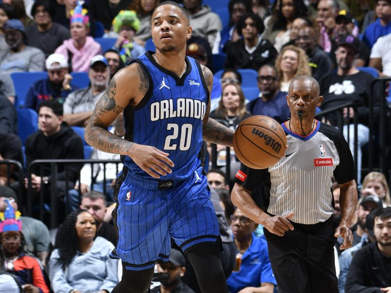 ORLANDO, FL - FEBRUARY 27: Markelle Fultz #20 of the Orlando Magic dribbles the ball during the game against the Brooklyn Nets on February 27, 2024 at the Kia Center in Orlando, Florida. NOTE TO USER: User expressly acknowledges and agrees that, by downloading and or using this photograph, User is consenting to the terms and conditions of the Getty Images License Agreement. Mandatory Copyright Notice: Copyright 2024 NBAE (Photo by Fernando Medina/NBAE via Getty Images)