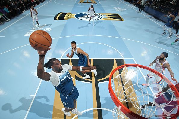 MINNEAPOLIS, MN -  NOVEMBER 28: Naz Reid #11 of the Minnesota Timberwolves shoots the ball during the game against the Oklahoma City Thunder during the In-Season Tournament on November 28, 2023 at Target Center in Minneapolis, Minnesota. NOTE TO USER: User expressly acknowledges and agrees that, by downloading and or using this Photograph, user is consenting to the terms and conditions of the Getty Images License Agreement. Mandatory Copyright Notice: Copyright 2023 NBAE (Photo by Jordan Johnson/NBAE via Getty Images)