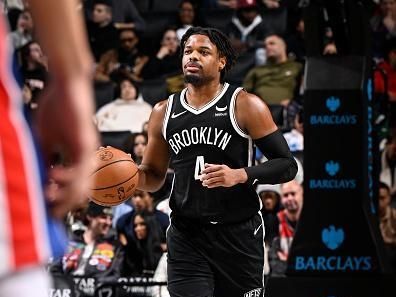 BROOKLYN, NY - DECEMBER 23: Dennis Smith Jr. #4 of the Brooklyn Nets handles the ball during the game against the Detroit Pistons on December 23, 2023 at Barclays Center in Brooklyn, New York. NOTE TO USER: User expressly acknowledges and agrees that, by downloading and or using this Photograph, user is consenting to the terms and conditions of the Getty Images License Agreement. Mandatory Copyright Notice: Copyright 2023 NBAE (Photo by David Dow/NBAE via Getty Images)