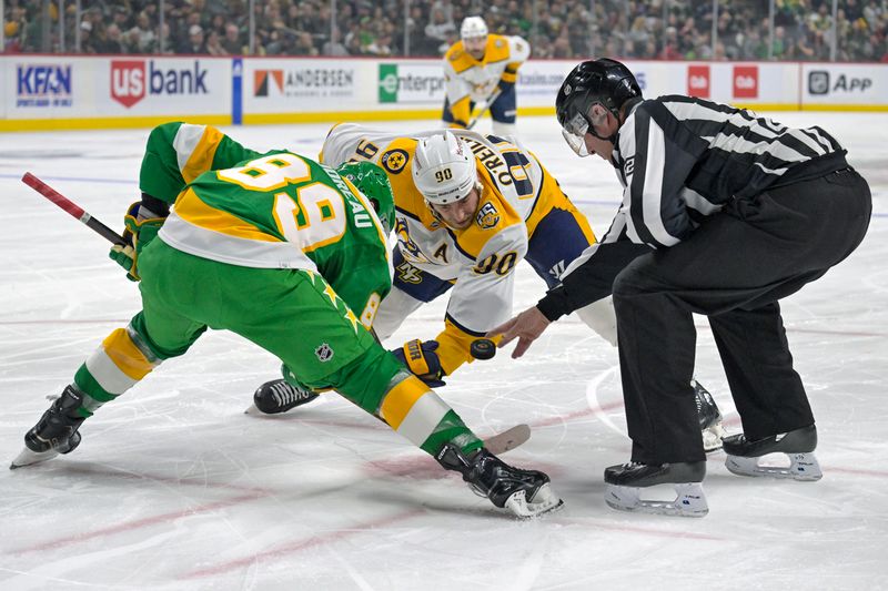 Mar 10, 2024; Saint Paul, Minnesota, USA;  Minnesota Wild forward Frederick Gaudreau (89) and Nashville Predators forward Ryan O'Reilly (90) face-off during the first period at Xcel Energy Center. Mandatory Credit: Nick Wosika-USA TODAY Sports

