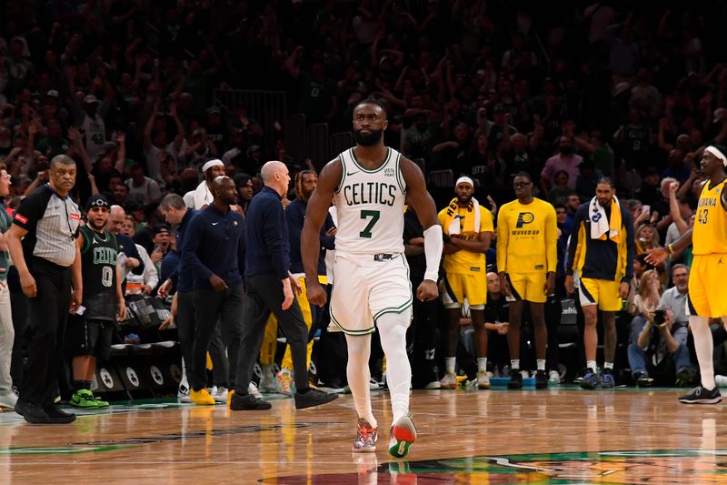 BOSTON, MA - MAY 21: Jaylen Brown #7 of the Boston Celtics celebrates after scoring the game tying shot during the game against the Indiana Pacers during Game 1 of the Eastern Conference Finals of the 2024 NBA Playoffs on May 21, 2024 at the TD Garden in Boston, Massachusetts. NOTE TO USER: User expressly acknowledges and agrees that, by downloading and or using this photograph, User is consenting to the terms and conditions of the Getty Images License Agreement. Mandatory Copyright Notice: Copyright 2024 NBAE  (Photo by Brian Babineau/NBAE via Getty Images)