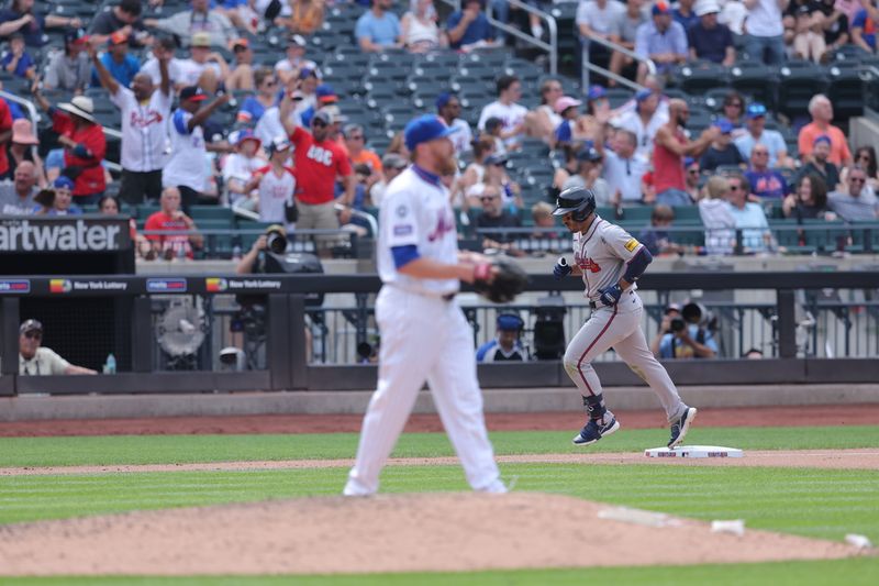 Jul 28, 2024; New York City, New York, USA; Atlanta Braves center fielder Ramon Laureano (18) rounds the bases after hitting a two run home run against New York Mets relief pitcher Jake Diekman (30) during the eighth inning at Citi Field. Mandatory Credit: Brad Penner-USA TODAY Sports