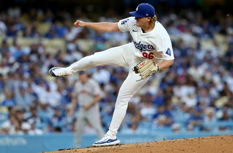 Jul 23, 2024; Los Angeles, California, USA; Los Angeles Dodgers pitcher Landon Knack (96) throws during the second inning at Dodger Stadium. Mandatory Credit: Jason Parkhurst-USA TODAY Sports