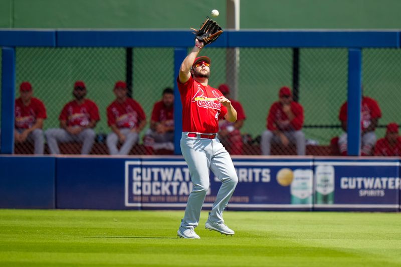 Mar 11, 2023; West Palm Beach, Florida, USA; St. Louis Cardinals right fielder Alec Burleson (41) catches a fly ball against the Houston Astros during the second inning at The Ballpark of the Palm Beaches. Mandatory Credit: Rich Storry-USA TODAY Sports