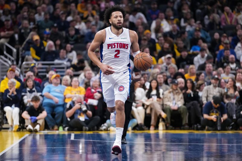 INDIANAPOLIS, INDIANA - NOVEMBER 29: Cade Cunningham #2 of the Detroit Pistons dribbles the ball in the first quarter against the Indiana Pacers of the Emirates NBA Cup game at Gainbridge Fieldhouse on November 29, 2024 in Indianapolis, Indiana. NOTE TO USER: User expressly acknowledges and agrees that, by downloading and or using this photograph, User is consenting to the terms and conditions of the Getty Images License Agreement. (Photo by Dylan Buell/Getty Images)