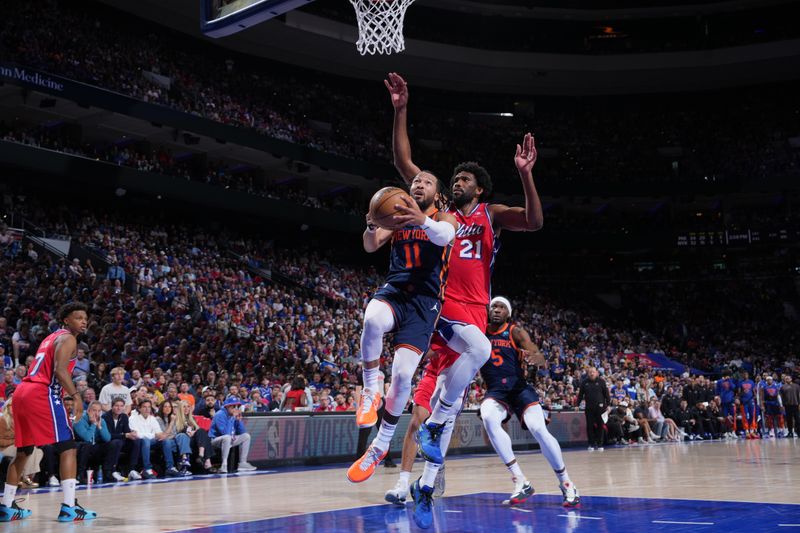 PHILADELPHIA, PA - APRIL 28: Jalen Brunson #11 of the New York Knicks drives to the basket during the game against the Philadelphia 76ers during Round 1 Game 4 of the 2024 NBA Playoffs on April 28, 2024 at the Wells Fargo Center in Philadelphia, Pennsylvania NOTE TO USER: User expressly acknowledges and agrees that, by downloading and/or using this Photograph, user is consenting to the terms and conditions of the Getty Images License Agreement. Mandatory Copyright Notice: Copyright 2024 NBAE (Photo by Jesse D. Garrabrant/NBAE via Getty Images)