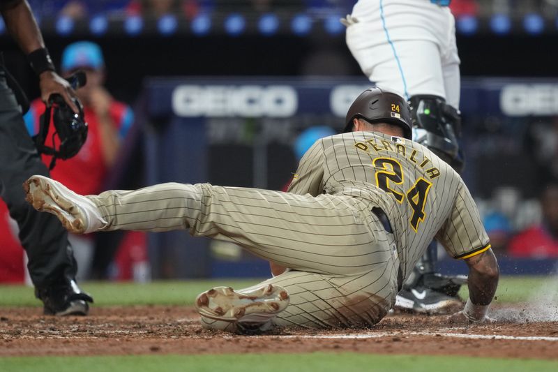 Aug 10, 2024; Miami, Florida, USA;  San Diego Padres right fielder David Peralta (24) slides in safely at home plate against the Miami Marlins in the fourth inning at loanDepot Park. Mandatory Credit: Jim Rassol-USA TODAY Sports