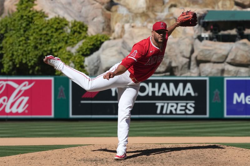 Apr 10, 2024; Anaheim, California, USA; Los Angeles Angels pitcher Carlos Estevez (53) throws in the ninth inning against the Tampa Bay Rays at Angel Stadium. Mandatory Credit: Kirby Lee-USA TODAY Sports