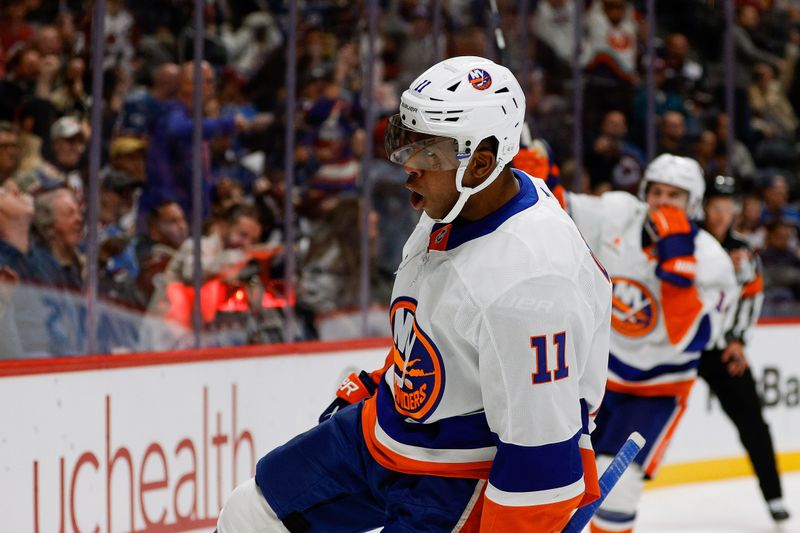 Oct 14, 2024; Denver, Colorado, USA; New York Islanders left wing Anthony Duclair (11) celebrates after his goal in the third period against the Colorado Avalanche at Ball Arena. Mandatory Credit: Isaiah J. Downing-Imagn Images