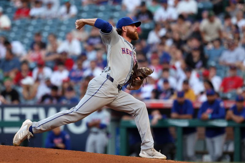 Aug 2, 2024; Anaheim, California, USA;  New York Mets starting pitcher Paul Blackburn (58) pitches during the first inning against the Los Angeles Angels at Angel Stadium. Mandatory Credit: Kiyoshi Mio-USA TODAY Sports