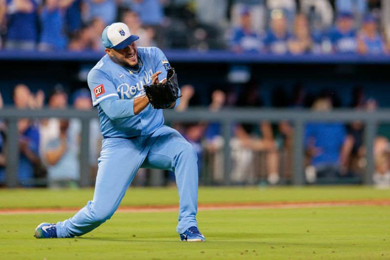 Sep 20, 2025; Kansas City, Missouri, USA; Kansas City Royals pitcher Carlos Estévez (53) reacts after winning the game against the Toronto Blue Jays at Kauffman Stadium. Mandatory Credit: William Purnell-Imagn Images