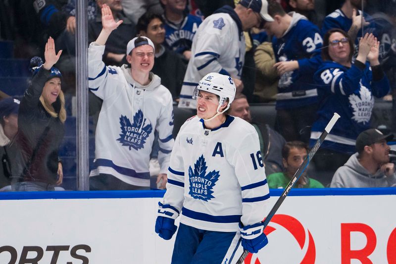 Jan 20, 2024; Vancouver, British Columbia, CAN; Toronto Maple Leafs forward Mitchell Marner (16) celebrates a goal against the Vancouver Canucks in the third period at Rogers Arena. Canucks won 6-4. Mandatory Credit: Bob Frid-USA TODAY Sports