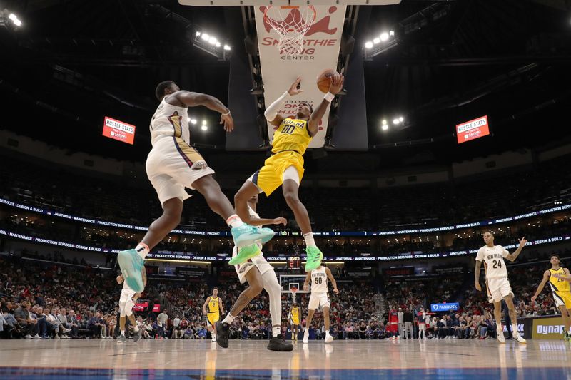 CHICAGO, IL - NOVEMBER 1: Bennedict Mathurin #00 of the Indiana Pacers drives to the basket during the game against the New Orleans Pelicans on November 1, 2024 at Smoothie King Center in New Orleans, Louisiana. NOTE TO USER: User expressly acknowledges and agrees that, by downloading and or using this photograph, User is consenting to the terms and conditions of the Getty Images License Agreement. Mandatory Copyright Notice: Copyright 2024 NBAE (Photo by Jeff Haynes/NBAE via Getty Images)