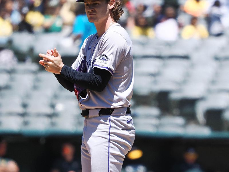 May 23, 2024; Oakland, California, USA; Colorado Rockies starting pitcher Ryan Fletcher (18) on the mound against the Oakland Athletics during the first inning at Oakland-Alameda County Coliseum. Mandatory Credit: Kelley L Cox-USA TODAY Sports