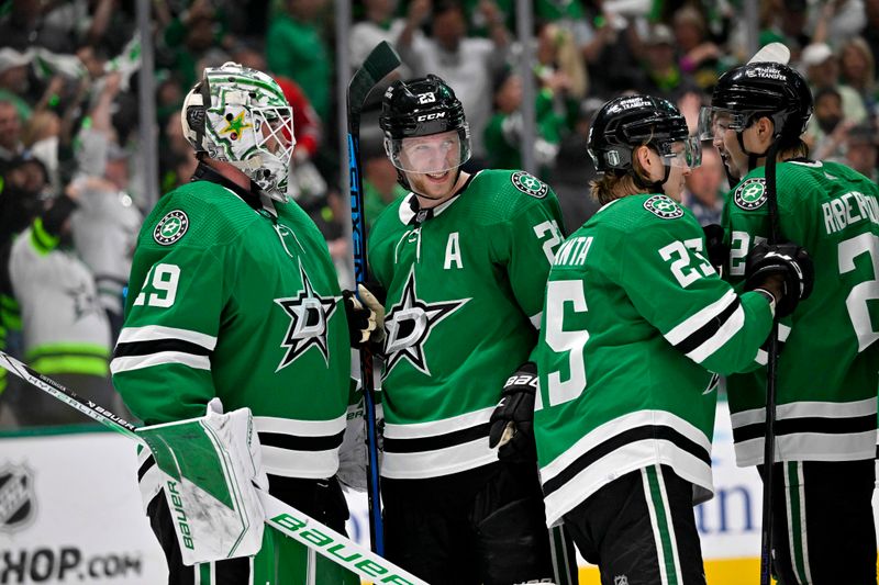 May 15, 2023; Dallas, Texas, USA; Dallas Stars goaltender Jake Oettinger (29) and defenseman Esa Lindell (23) celebrate after the Stars defeat the Seattle Kraken in game seven of the second round of the 2023 Stanley Cup Playoffs at the American Airlines Center. Mandatory Credit: Jerome Miron-USA TODAY Sports