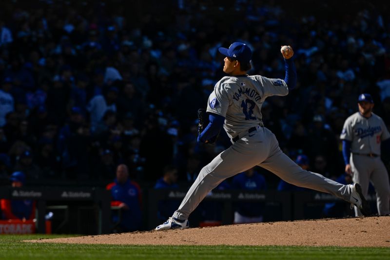 Apr 6, 2024; Chicago, Illinois, USA;  Los Angeles Dodgers pitcher Yoshinobu Yamamoto (18) delivers against the Chicago Cubs during the first inning at Wrigley Field. Mandatory Credit: Matt Marton-USA TODAY Sports