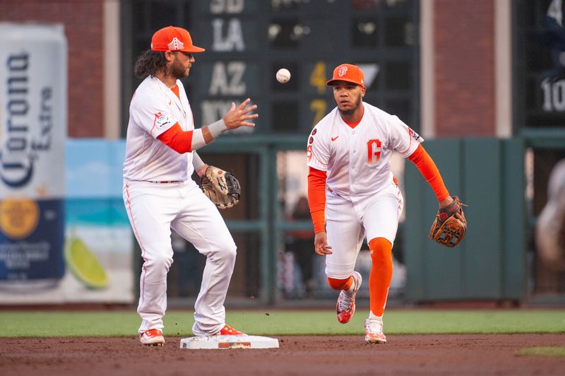 Sep 12, 2023; San Francisco, California, USA; San Francisco Giants second baseman Thairo Estrada (39) tosses the ball to shortstop Brandon Crawford (35) during the first inning against the Cleveland Guardians at Oracle Park. Mandatory Credit: Ed Szczepanski-USA TODAY Sports