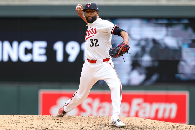 May 16, 2024; Minneapolis, Minnesota, USA; Minnesota Twins relief pitcher Jay Jackson (32) delivers a pitch against the New York Yankees during the ninth inning at Target Field. Mandatory Credit: Matt Krohn-USA TODAY Sports