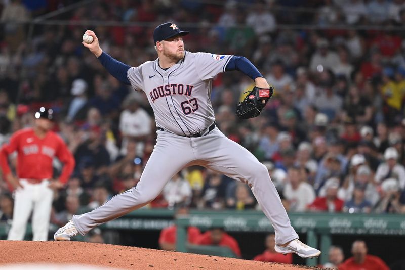 Aug 9, 2024; Boston, Massachusetts, USA; Houston Astros pitcher Kaleb Ort (63) pitches against the Boston Red Sox during the sixth inning at Fenway Park. Mandatory Credit: Eric Canha-USA TODAY Sports