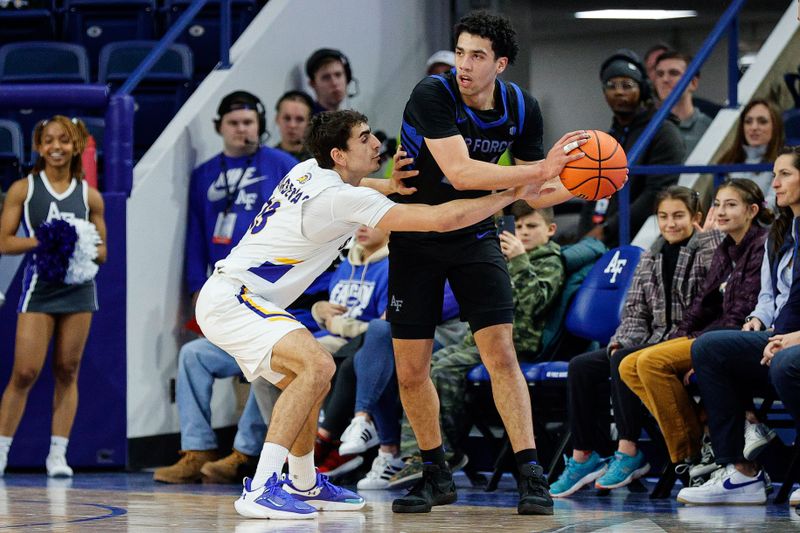 Jan 13, 2024; Colorado Springs, Colorado, USA; Air Force Falcons guard Jeffrey Mills (24) controls the ball under pressure from San Jose State Spartans guard Alvaro Cardenas (13) in the first half at Clune Arena. Mandatory Credit: Isaiah J. Downing-USA TODAY Sports