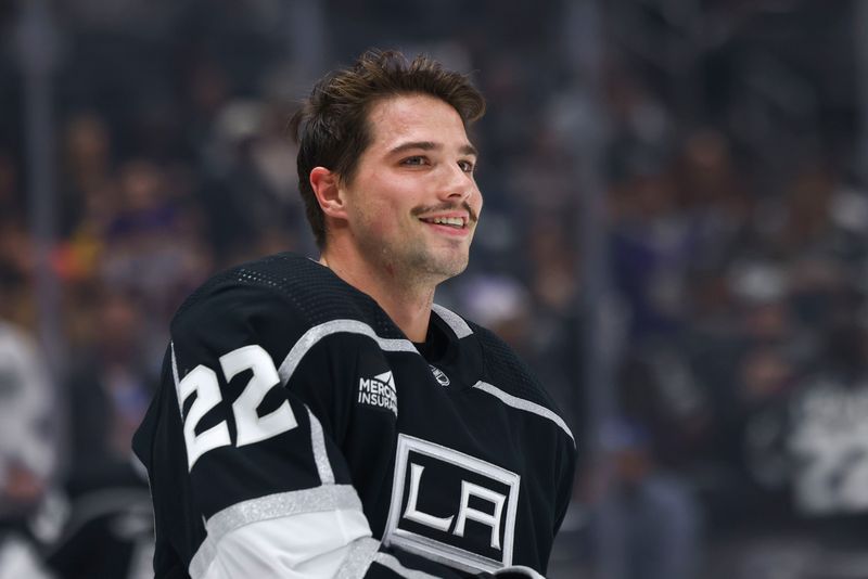 Dec 23, 2023; Los Angeles, California, USA; Los Angeles Kings left wing Kevin Fiala (22) reacts before a game against the Calgary Flames at Crypto.com Arena. Mandatory Credit: Jessica Alcheh-USA TODAY Sports