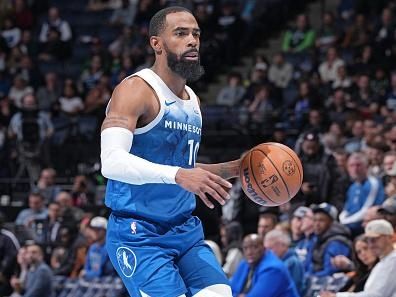 MINNEAPOLIS, MN -  NOVEMBER 28: Mike Conley #10 of the Minnesota Timberwolves dribbles the ball during the game against the Oklahoma City Thunder during the In-Season Tournament on November 28, 2023 at Target Center in Minneapolis, Minnesota. NOTE TO USER: User expressly acknowledges and agrees that, by downloading and or using this Photograph, user is consenting to the terms and conditions of the Getty Images License Agreement. Mandatory Copyright Notice: Copyright 2023 NBAE (Photo by Jordan Johnson/NBAE via Getty Images)