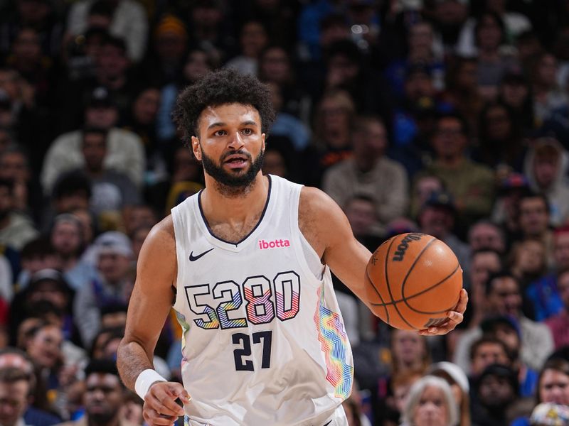 DENVER, CO - NOVEMBER 25: Jamal Murray #27 of the Denver Nuggets dribbles the ball during the game against the New York Knicks on November 25, 2024 at Ball Arena in Denver, Colorado. NOTE TO USER: User expressly acknowledges and agrees that, by downloading and/or using this Photograph, user is consenting to the terms and conditions of the Getty Images License Agreement. Mandatory Copyright Notice: Copyright 2024 NBAE (Photo by Garrett Ellwood/NBAE via Getty Images)