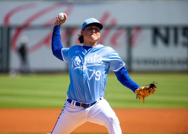 Mar 21, 2024; Surprise, Arizona, USA; Kansas City Royals pitcher Andrew Hoffmann against the Chicago White Sox during a spring training baseball game at Surprise Stadium. Mandatory Credit: Mark J. Rebilas-USA TODAY Sports