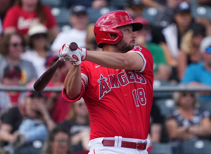 Mar 3, 2024; Tempe, Arizona, USA; Los Angeles Angels first baseman Nolan Schanuel (18) bats against the Chicago White Sox during the second inning at Tempe Diablo Stadium. Mandatory Credit: Joe Camporeale-USA TODAY Sports