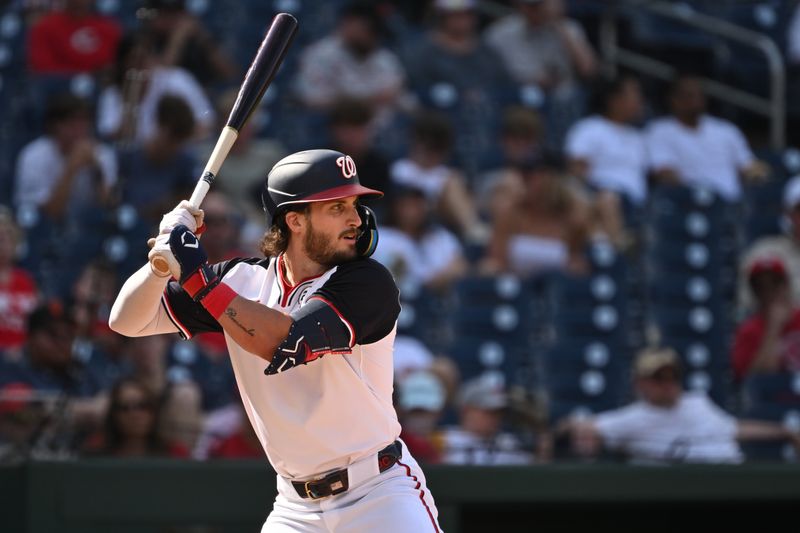 Sep 15, 2024; Washington, District of Columbia, USA; Washington Nationals center fielder Dylan Crews (3) waits for a pitch against the Miami Marlins during the seventh inning at Nationals Park. Mandatory Credit: Rafael Suanes-Imagn Images