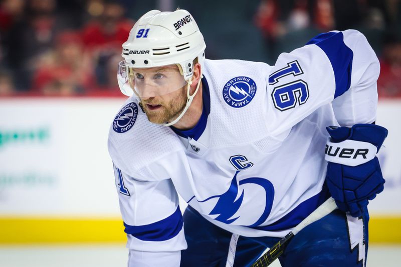 Jan 21, 2023; Calgary, Alberta, CAN; Tampa Bay Lightning center Steven Stamkos (91) during the face off against the Calgary Flames during the third period at Scotiabank Saddledome. Mandatory Credit: Sergei Belski-USA TODAY Sports