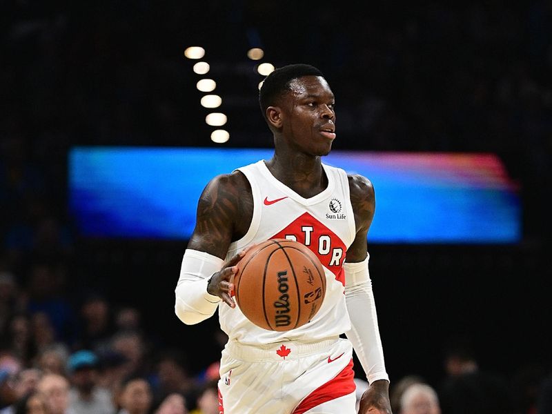 OKLAHOMA CITY, OKLAHOMA - FEBRUARY 4: Dennis Schroder #17 of the Toronto Raptors brings the ball down the floor during the first half against the Oklahoma City Thunder at Paycom Center on February 4, 2024 in Oklahoma City, Oklahoma. NOTE TO USER: User expressly acknowledges and agrees that, by downloading and or using this Photograph, user is consenting to the terms and conditions of the Getty Images License Agreement. (Photo by Joshua Gateley/Getty Images)