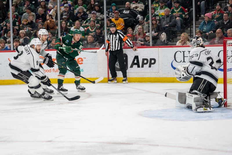 Feb 21, 2023; Saint Paul, Minnesota, USA; Minnesota Wild left wing Kirill Kaprizov (97) shoots, Los Angeles Kings goaltender Pheonix Copley (29) makes the save in the second period at Xcel Energy Center. Mandatory Credit: Matt Blewett-USA TODAY Sports