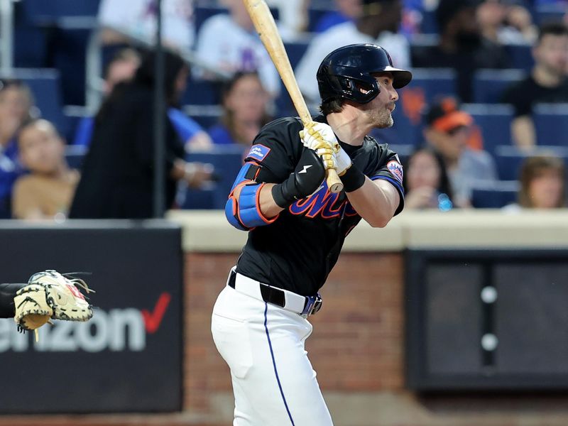 May 24, 2024; New York City, New York, USA; New York Mets second baseman Jeff McNeil (1) follows through on an RBI single against the San Francisco Giants during the fourth inning at Citi Field. Mandatory Credit: Brad Penner-USA TODAY Sports