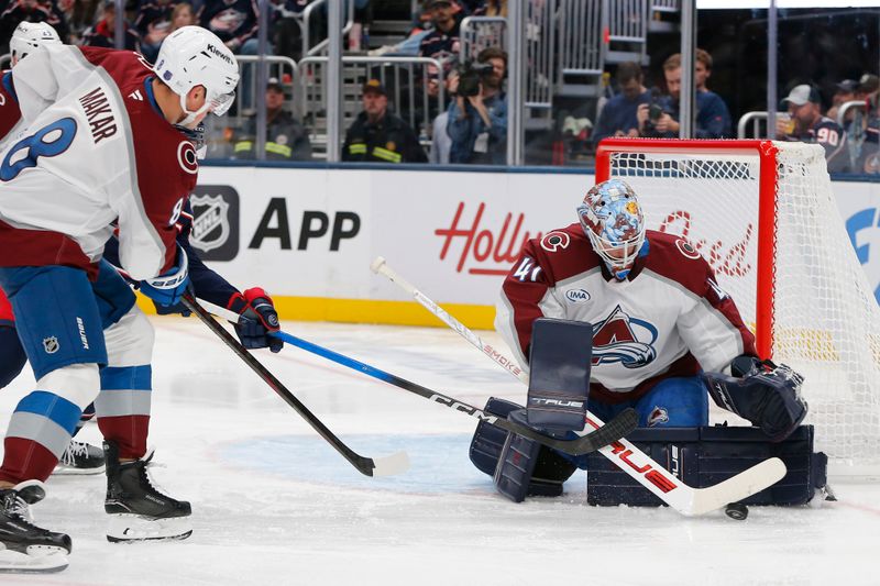 Oct 16, 2025; Columbus, Ohio, USA; Colorado Avalanche goalie Scott Wedgewood (41) makes a save against the Columbus Blue Jackets during the second period at Nationwide Arena. Mandatory Credit: Russell LaBounty-Imagn Images