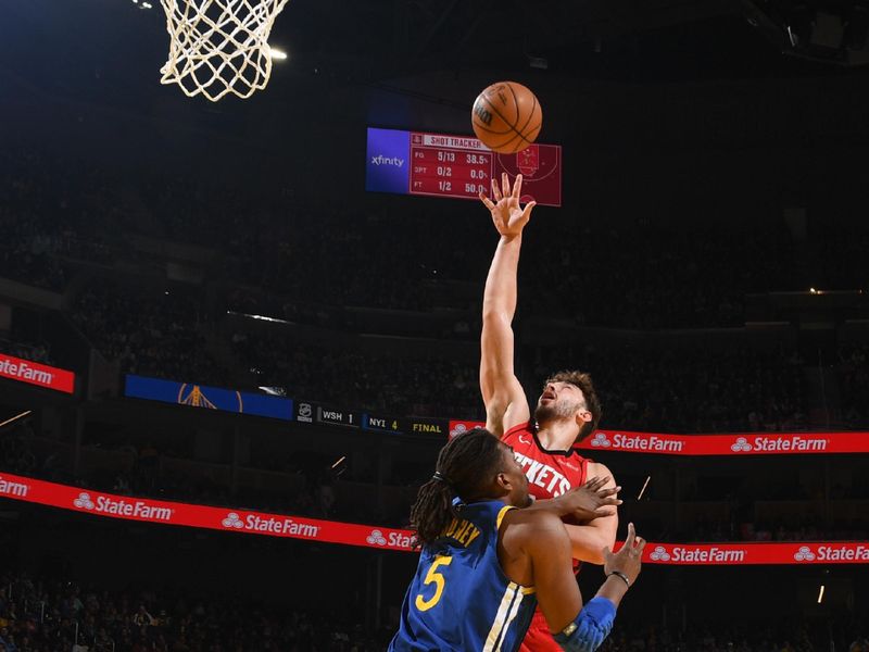 SAN FRANCISCO, CA - APRIL 6: Alperen Sengun #28 of the Houston Rockets shoots the ball during the game against the Golden State Warriors on April 6, 2025 at Chase Center in San Francisco, California. NOTE TO USER: User expressly acknowledges and agrees that, by downloading and or using this photograph, user is consenting to the terms and conditions of Getty Images License Agreement. Mandatory Copyright Notice: Copyright 2025 NBAE (Photo by Noah Graham/NBAE via Getty Images)