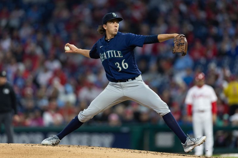 Apr 26, 2023; Philadelphia, Pennsylvania, USA; Seattle Mariners starting pitcher Logan Gilbert (36) throws a pitch during the second inning against the Philadelphia Phillies at Citizens Bank Park. Mandatory Credit: Bill Streicher-USA TODAY Sports