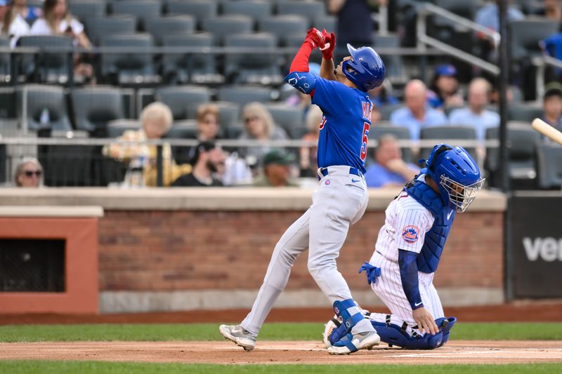 Aug 9, 2023; New York City, New York, USA;Chicago Cubs second baseman Christopher Morel (5) reacts after hitting a home run against the New York Mets during the first inning at Citi Field. Mandatory Credit: John Jones-USA TODAY Sports