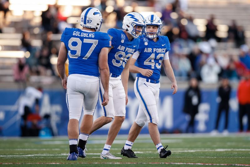 Nov 26, 2021; Colorado Springs, Colorado, USA; Air Force Falcons holder Jake Spiewak (99) and place kicker Matthew Dapore (43) and long snapper Jacob Goldberg (97) in the third quarter against the UNLV Rebels at Falcon Stadium. Mandatory Credit: Isaiah J. Downing-USA TODAY Sports