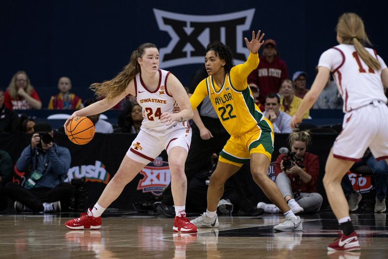 Mar 9, 2024; Kansas City, MO, USA; Iowa State Cyclones forward Addy Brown (24) handles the ball while defended by Baylor Lady Bears guard Bella Fontleroy (22) during the first half at T-Mobile Center. Mandatory Credit: Amy Kontras-USA TODAY Sports