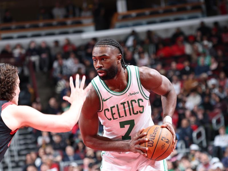 CHICAGO, IL - NOVEMBER 29: Jaylen Brown #7 of the Boston Celtics looks to pass the ball during the game against the Chicago Bulls during the Emirates NBA Cup game on November 29, 2024 at United Center in Chicago, Illinois. NOTE TO USER: User expressly acknowledges and agrees that, by downloading and or using this photograph, User is consenting to the terms and conditions of the Getty Images License Agreement. Mandatory Copyright Notice: Copyright 2024 NBAE (Photo by Jeff Haynes/NBAE via Getty Images)