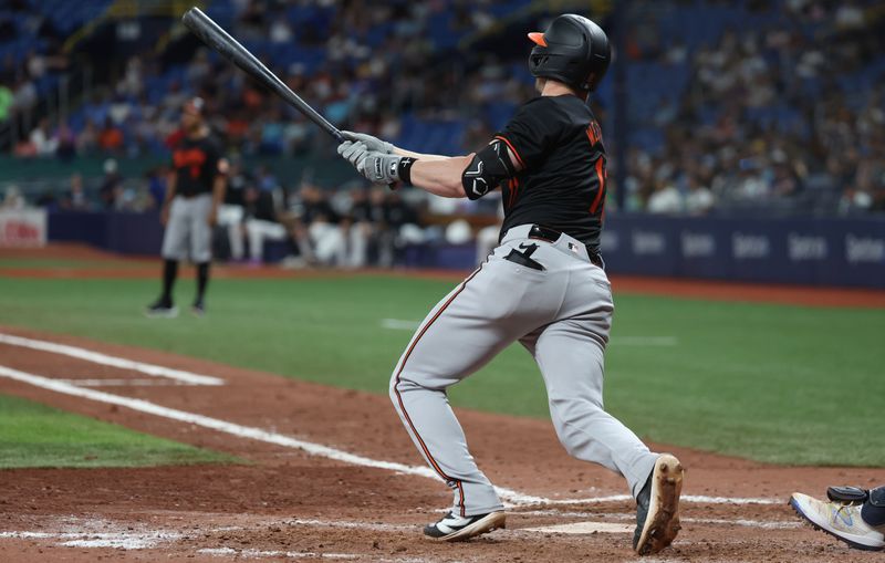 Jun 7, 2024; St. Petersburg, Florida, USA; Baltimore Orioles third base Jordan Westburg (11) hits a 2-run home run against the Tampa Bay Rays during the eighth inning at Tropicana Field. Mandatory Credit: Kim Klement Neitzel-USA TODAY Sports